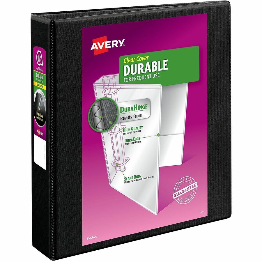 Avery®, Durable View Binder - EZD Rings - 1 1/2" Binder Capacity - Letter - 8 1/2" x 11" Sheet Size - 400 Sheet Capacity - 3 Ring - Fastener: D-Ring - Pocket: 4, Internal - Poly - Black - Easy Insert Spine, Exposed Rivet, Gap-free Ring, Stacked Pock...