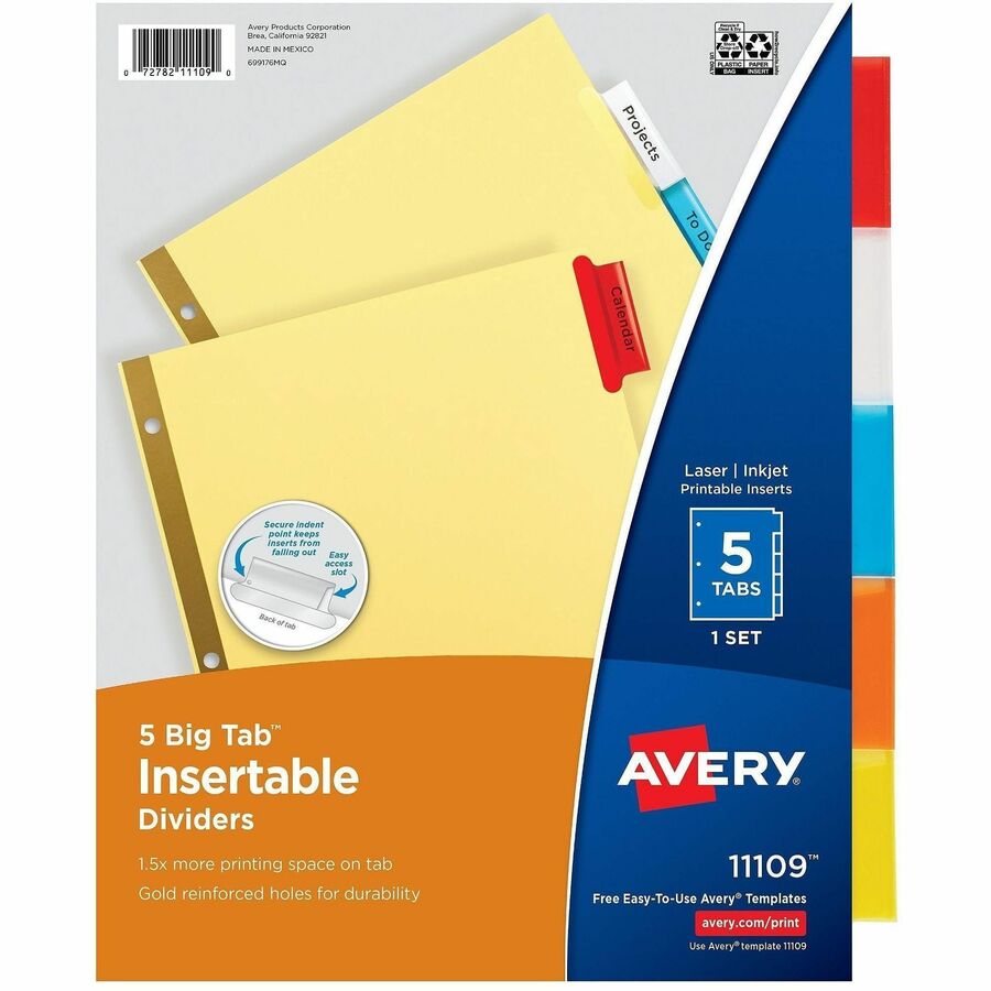 Avery®, Big Tab Insertable Dividers - Reinforced Gold Edge - 5 Blank Tab(s) - 5 Tab(s)/Set - 8.5" Divider Width x 11" Divider Length - Letter - 3 Hole Punched - Buff Paper Divider - Multicolor Tab(s) - 30% Recycled - Double Gold Reinforced Edges - 5...