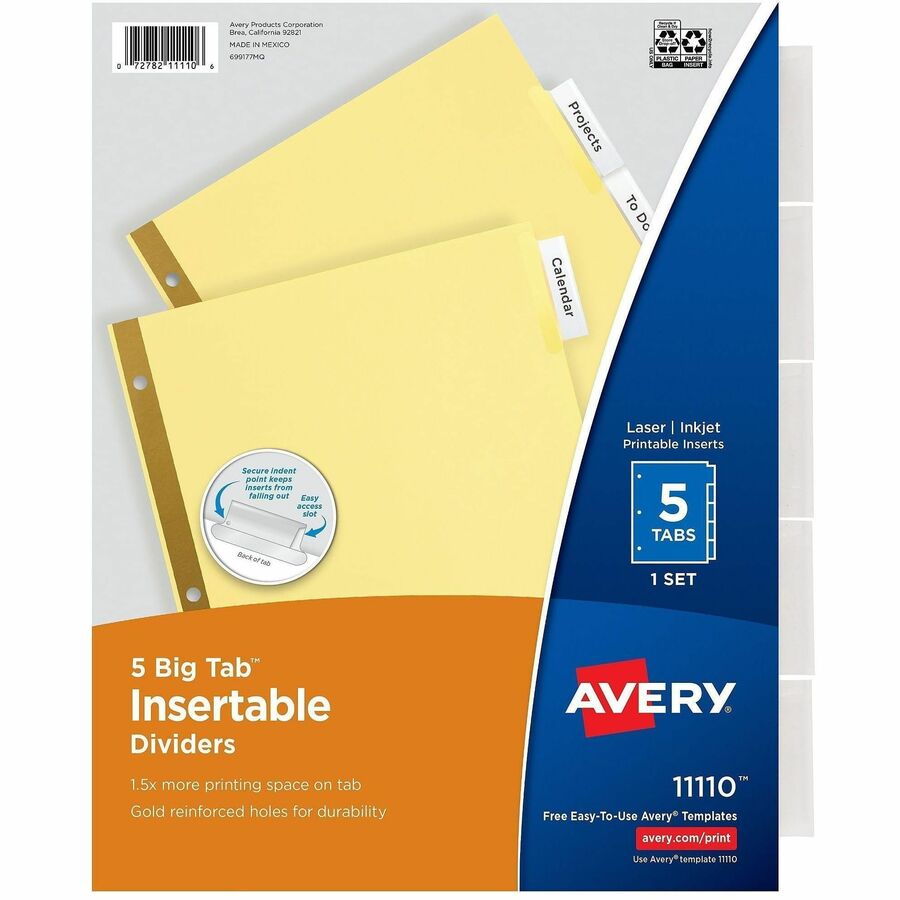 Avery®, Big Tab Insertable Dividers - Reinforced Gold Edge - 5 Blank Tab(s) - 5 Tab(s)/Set - 8.5" Divider Width x 11" Divider Length - Letter - 3 Hole Punched - Buff Paper Divider - Clear Tab(s) - 30% Recycled - Double Gold Reinforced Edges - 5 / Set