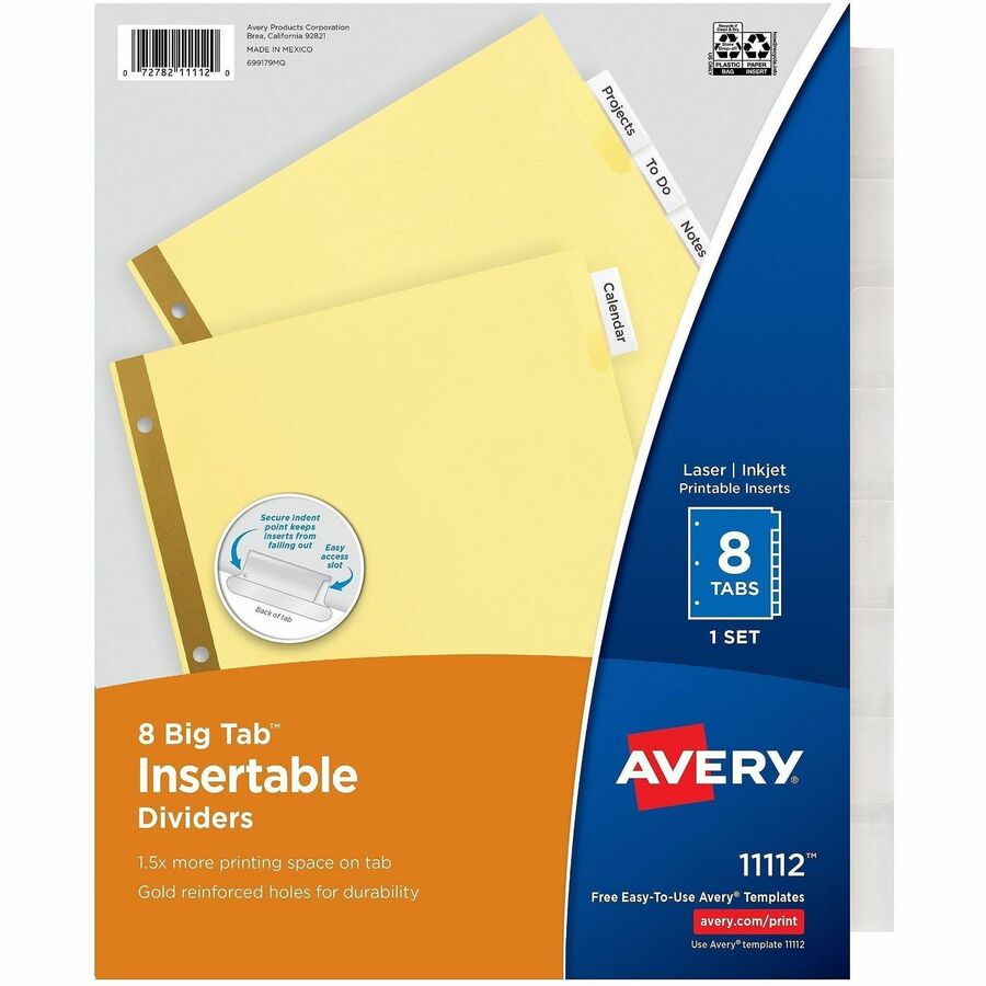 Avery®, Big Tab Insertable Dividers - Reinforced Gold Edge - 8 Blank Tab(s) - 8 Tab(s)/Set - 8.5" Divider Width x 11" Divider Length - Letter - 3 Hole Punched - Buff Paper Divider - Clear Tab(s) - 30% Recycled - Double Gold Reinforced Edges - 8 / Set