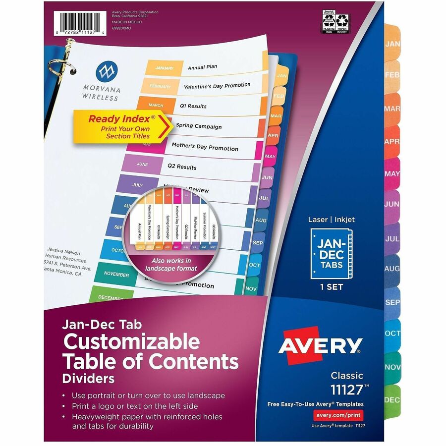 Avery®, Ready Index Table of Contents Dividers for Laser and Inkjet Printers, Jan-Dec - 12 x Divider(s) - Printed Tab(s) - Month - Jan-Dec - 12 Tab(s)/Set - 8.5" Divider Width x 11" Divider Length - Letter - 3 Hole Punched - White Paper Divider - Mu...
