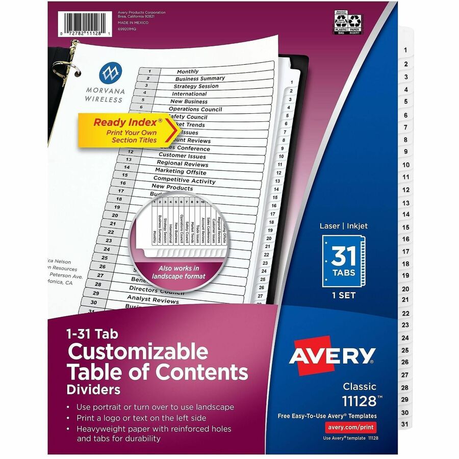 Avery®, Ready Index Binder Dividers - Customizable Table of Contents - 31 x Divider(s) - Printed Tab(s) - Digit - 1-31 - 31 Tab(s)/Set - 8.5" Divider Width x 11" Divider Length - Letter - 3 Hole Punched - White Paper Divider - White Tab(s) - 20% Rec...