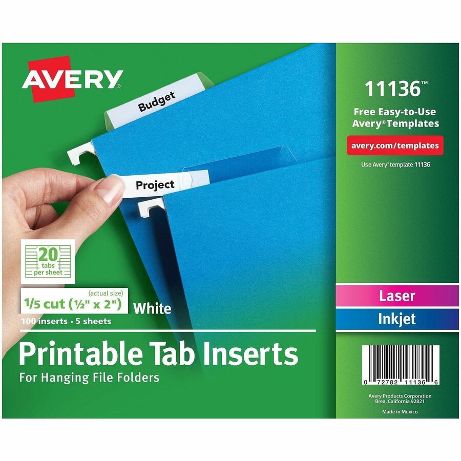 Avery®, Printable Tab Inserts for Hanging File Folders - 100 Print-on Tab(s) - 5 Tab(s)/Set - 2" Tab Width - Paper Divider - White Paper Tab(s) - 0% - 100 / Pack