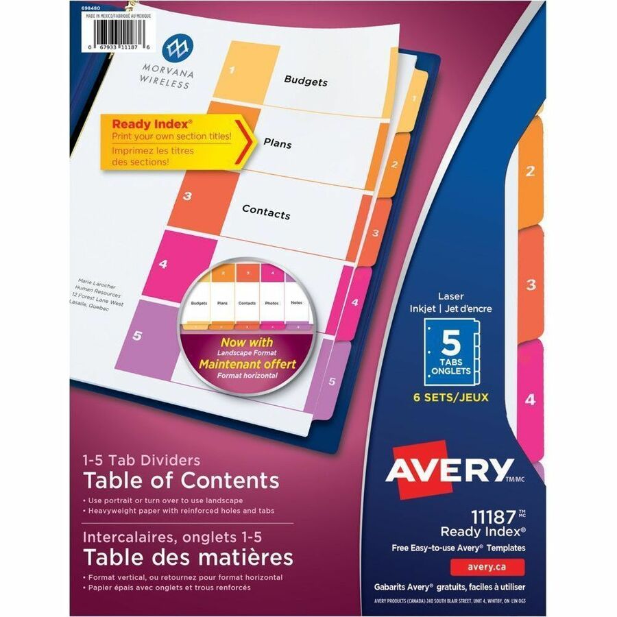 Avery Ready Index Table of Contents Dividers - 30 x Divider(s) - 5 Printed Tab(s) - Digit - 1-5 - 5 Tab(s)/Set - 8.5" Divider Width x 11" Divider Length - 3 Hole Punched - White Paper Divider - Multicolor Paper Tab(s) - 30% Recycled - Pre-printed, Cust...