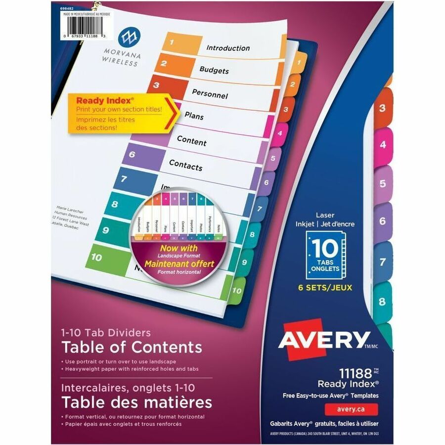 Avery Ready Index Table of Content Dividers - 60 x Divider(s) - 10 Printed Tab(s) - Digit - 1-10 - 10 Tab(s)/Set - 8.5" Divider Width x 11" Divider Length - 3 Hole Punched - White Paper Divider - Multicolor Paper Tab(s) - 30% Recycled - Pre-printed, Ho...