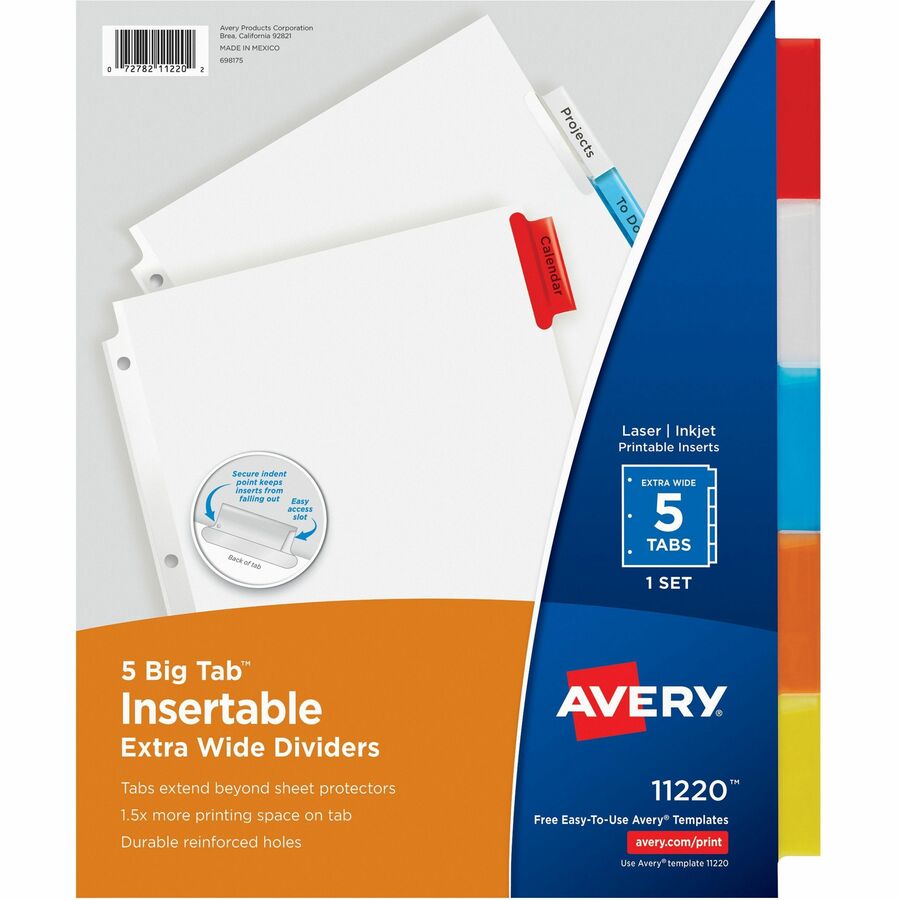 Avery®, Big Tab Extra-Wide Insertable Dividers - 5 Blank Tab(s) - 5 Tab(s)/Set - 9" Divider Width x 11" Divider Length - 3 Hole Punched - White Paper Divider - Multicolor Tab(s) - 20% - Reinforced Edges - 5 / Set