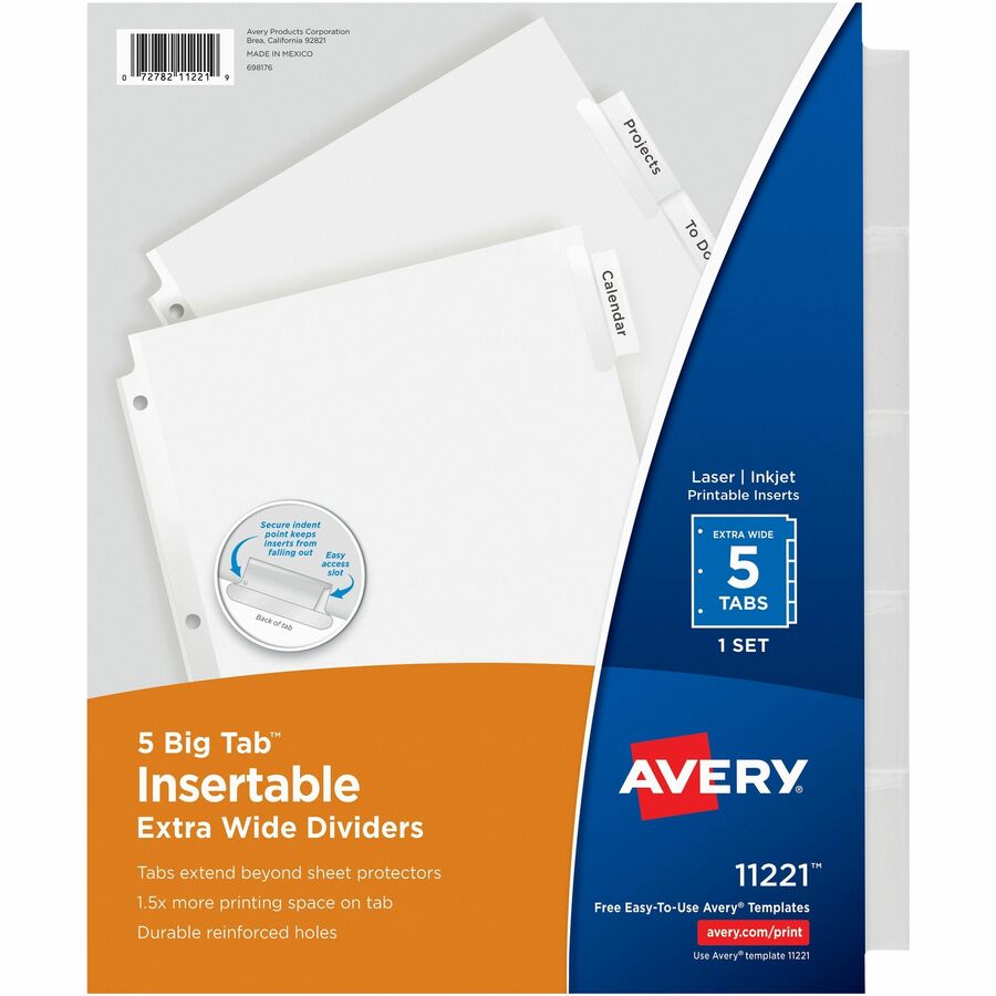 Avery®, Big Tab Extra-Wide Insertable Dividers - 5 Blank Tab(s) - 5 Tab(s)/Set - 9" Divider Width x 11" Divider Length - 3 Hole Punched - Paper Divider - Clear Tab(s) - 20% - Reinforced Edges - 5 / Set