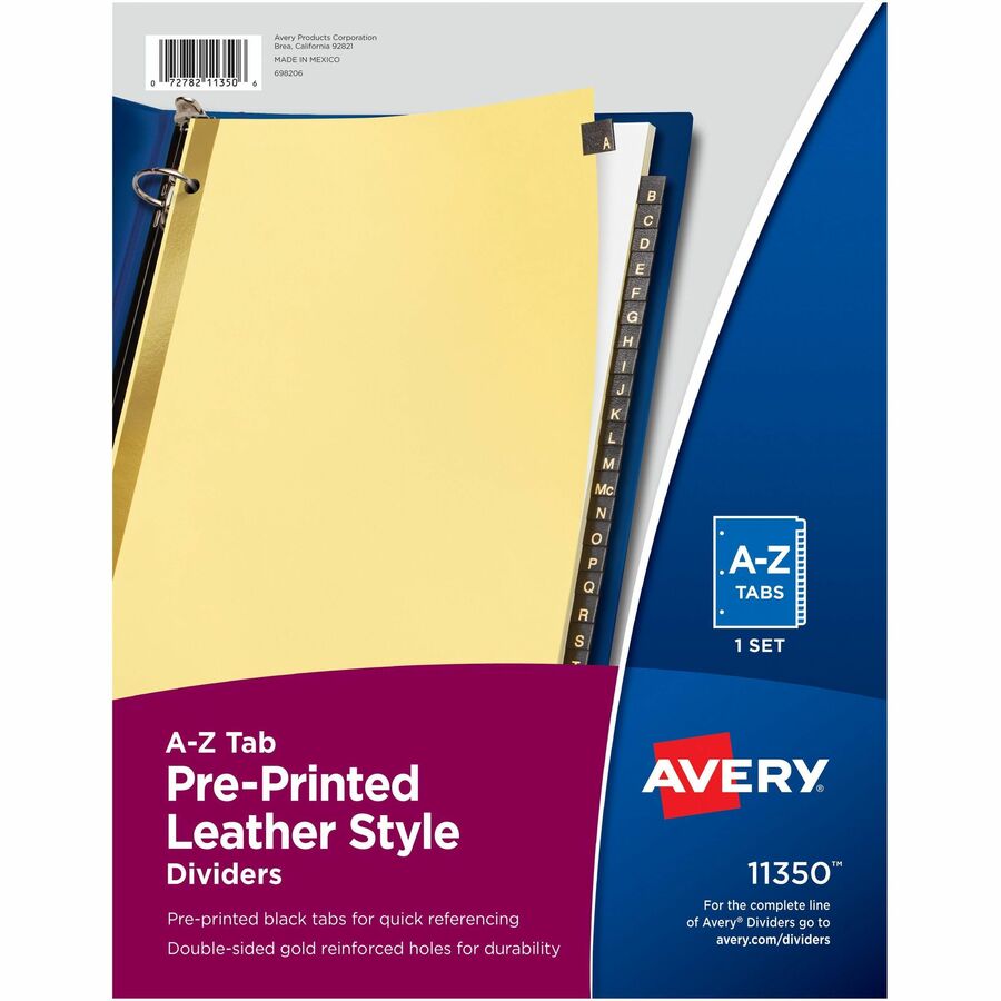 Avery®, Preprinted Tab Dividers - Gold Reinforced Edge - Printed Tab(s) - Character - A-Z - 25 Tab(s)/Set - 8.5" Divider Width x 11" Divider Length - Letter - 3 Hole Punched - Buff Divider - Black Leather Tab(s) - 30% Recycled - Reinforced, Punched...
