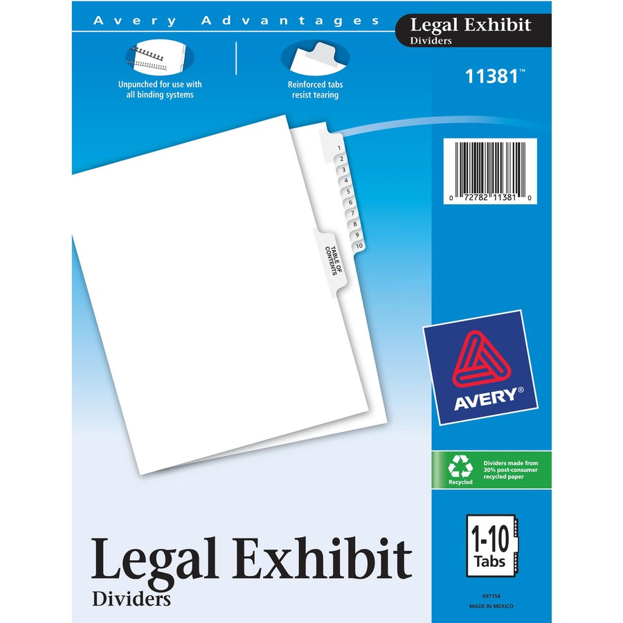 Avery®, Premium Collated Legal Exhibit Dividers with Table of Contents Tab - Avery Style - 11 x Divider(s) - Printed Tab(s) - Digit - 1-10 - 11 Tab(s)/Set - 8.5" Divider Width x 11" Divider Length - Letter - White Paper Divider - White Tab(s) - 20%...