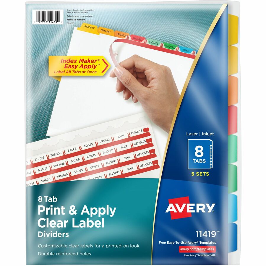 Avery®, Index Maker Index Divider - 40 x Divider(s) - 8 Tab(s) - 8 - 8 Tab(s)/Set - 8.5" Divider Width x 11" Divider Length - 3 Hole Punched - White Paper Divider - Multicolor Paper Tab(s) - 20% Recycled - Customizable, Durable, Tear Resistant, Hole...