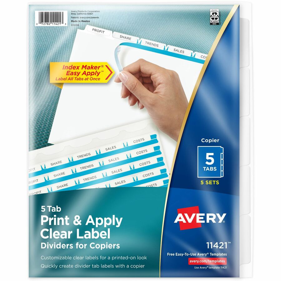 Avery®, Print & Apply Clear Label Dividers - Index Maker Easy Peel Printable Labels - 5 x Divider(s) - Blank Tab(s) - 5 Tab(s)/Set - 8.5" Divider Width x 11" Divider Length - Letter - White Divider - White Tab(s) - 0% - Punched - 1 Pack