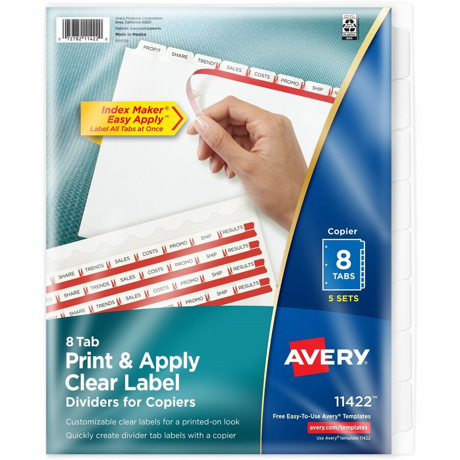 Avery®, Print & Apply Clear Label Dividers - Index Maker Easy Peel Printable Labels - 8 Blank Tab(s) - 8 Tab(s)/Set - 8.5" Divider Width x 11" Divider Length - Letter - White Divider - White Tab(s) - 0% - Punched - 1 Pack