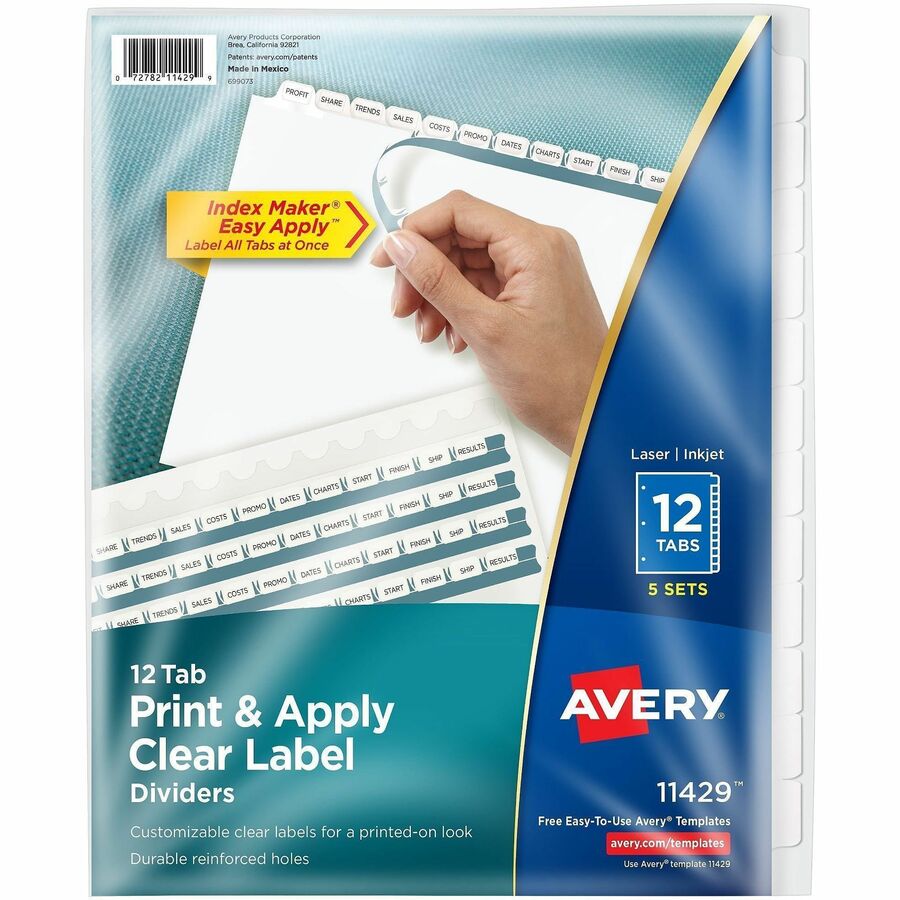 Avery 12 Tab Print & Apply Dividers, Index Maker(R), 5 Sets (11429) - 5 x Divider(s) - 60 Print-on Tab(s) - 12 Tab(s)/Set - 8.5" Divider Width x 11" Divider Length - 3 Hole Punched - White Paper Divider - White Paper Tab(s) - 0% - Hole-punched, Printab...