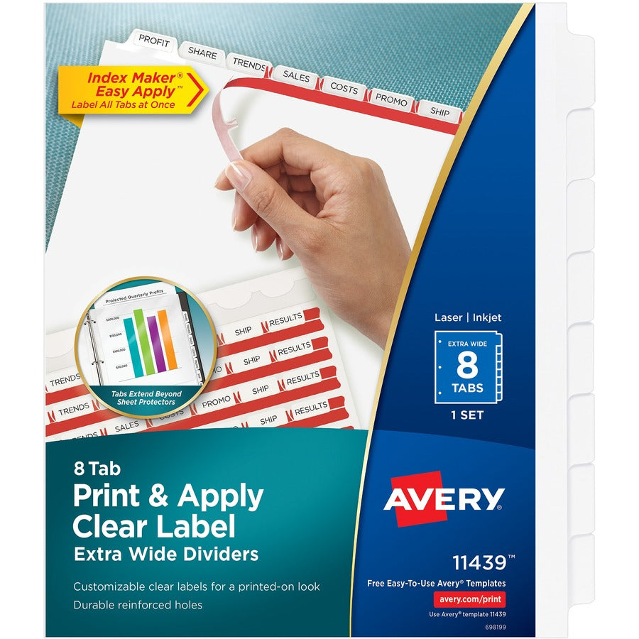 Avery®, Index Maker Index Divider - 8 x Divider(s) - 8 - 8 Tab(s)/Set - 9.3" Divider Width x 11.25" Divider Length - 3 Hole Punched - White Paper Divider - White Paper Tab(s) - 0% - Hole-punched, Printable, Durable, Tear Resistant, Extra Wide Divide...