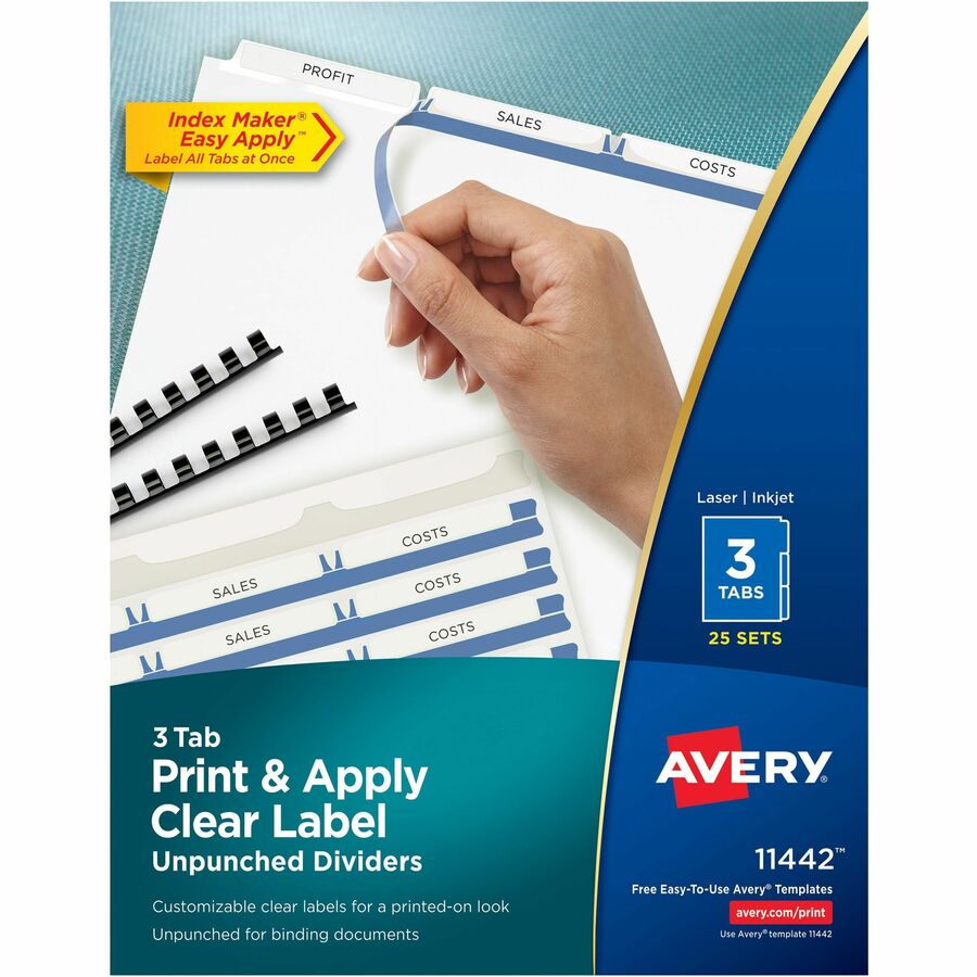 Avery®, Print & Apply Label Unpunched Dividers - Index Maker Easy Apply Label Strip - 75 x Divider(s) - 3 Blank Tab(s) - 3 Tab(s)/Set - 8.5" Divider Width x 11" Divider Length - Letter - White Paper Divider - White Tab(s) - 0% - Unpunched, Reinforce...