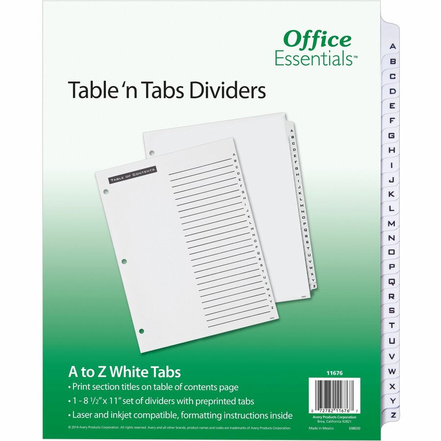 Avery®, A-Z Table 'N Tabs Dividers - 26 x Divider(s) - A-Z - 26 Tab(s)/Set - 8.5" Divider Width x 11" Divider Length - 3 Hole Punched - White Paper Divider - Black Paper, White Tab(s) - 1 Set