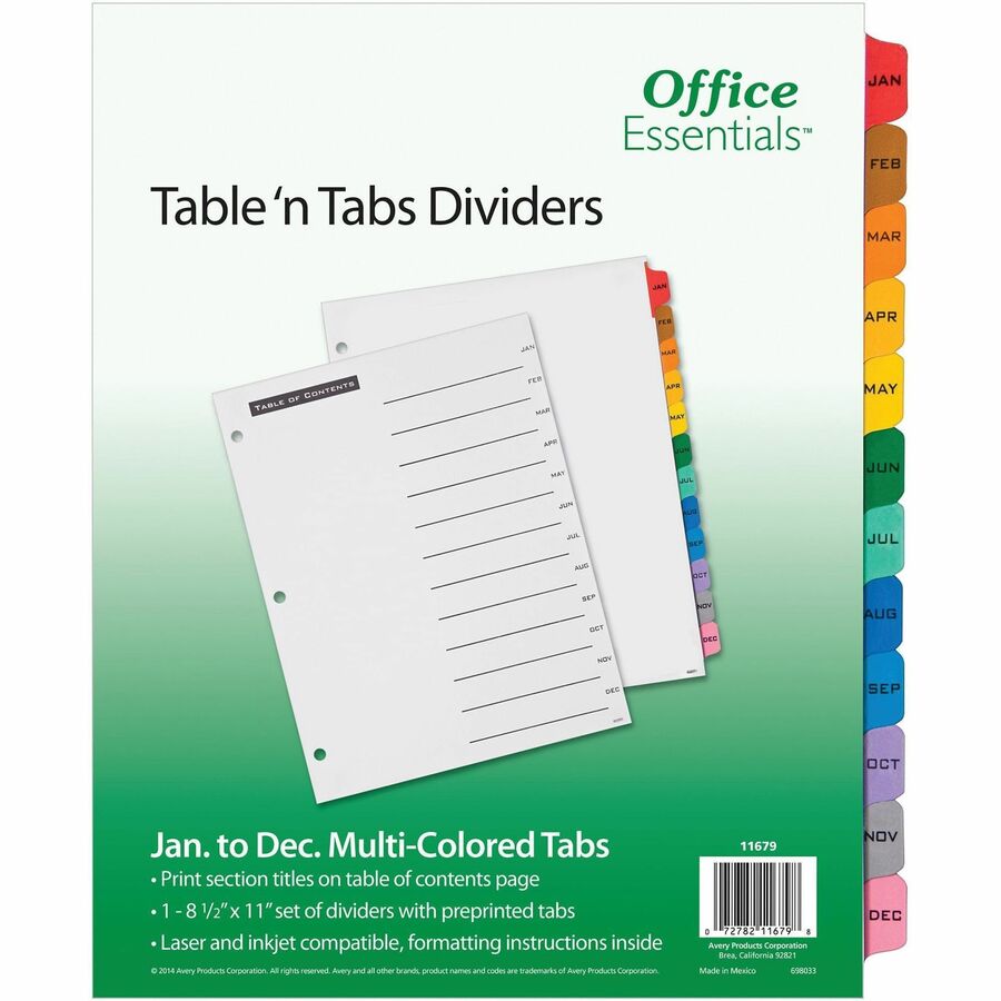 Avery®, Table 'N Tab Monthly Divider Set - 12 x Divider(s) - Jan-Dec - 12 Tab(s)/Set - 8.5" Divider Width x 11" Divider Length - 3 Hole Punched - White Paper Divider - Multicolor Paper Tab(s) - 1 Set