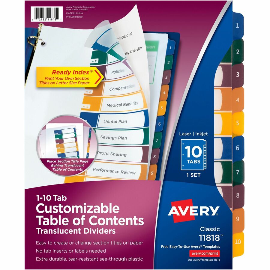 Avery®, Ready Index Customizable TOC Binder Dividers - 10 x Divider(s) - 10 Tab(s) - 1-10 - 10 Tab(s)/Set - 8.5" Divider Width x 11" Divider Length - 3 Hole Punched - Clear Plastic Divider - Multicolor Plastic Tab(s) - 1 Set