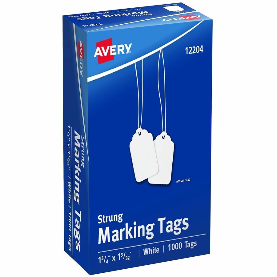 Avery®, Marking Tags, Strung, 1-3/4" x 1-3/32" , 1,000 Tags (12204) - 1.75" Length x 1.09" Width - Rectangular - Twine Fastener - Cotton, Polyester - White - 1000 / Box