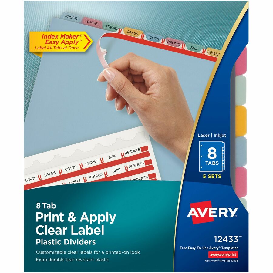 Avery®, Print & Apply Translucent Dividers - 40 x Divider(s) - 8 - 8 Tab(s)/Set - 8.5" Divider Width x 11" Divider Length - 3 Hole Punched - Translucent Plastic Divider - Multicolor Plastic Tab(s) - Tear Resistant, Sturdy, Hole-punched, Printable, C...
