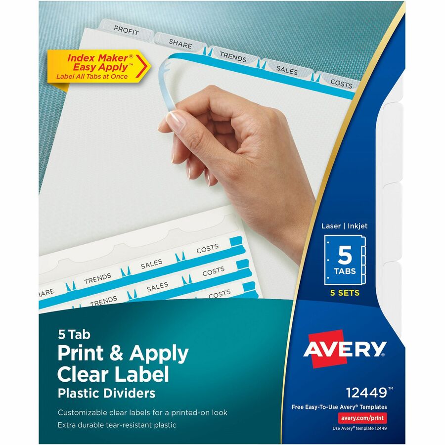 Avery®, Print & Apply Translucent Dividers - 25 x Divider(s) - Print-on Tab(s) - 5 - 5 Tab(s)/Set - 8.5" Divider Width x 11" Divider Length - 3 Hole Punched - Translucent Plastic Divider - Frosted Clear Plastic Tab(s) - Hole-punched, Printable, Cust...