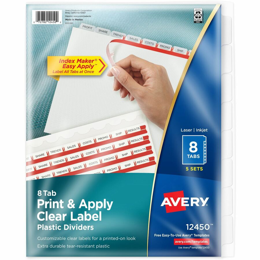Avery®, Index Maker Index Divider - 40 x Divider(s) - 8 - 8 Tab(s)/Set - 8.5" Divider Width x 11" Divider Length - 3 Hole Punched - Translucent Plastic Divider - Frosted Clear Plastic Tab(s) - Hole-punched, Printable, Customizable, Durable, Tear Res...