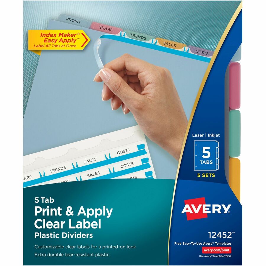 Avery®, Print & Apply Translucent Dividers - 25 x Divider(s) - Print-on Tab(s) - 5 - 5 Tab(s)/Set - 8.5" Divider Width x 11" Divider Length - 3 Hole Punched - Translucent Plastic Divider - Multicolor Plastic Tab(s) - Durable, Tear Resistant, Sturdy...