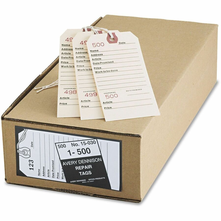 Avery®, Repair Tags, Manila, Strung, 5-1/4" x 2-5/8" ,500 Tags (15030) - 5.25" Length x 2.63" Width - Rectangular - 1 to 500 Print Serial - String Fastener - Card Stock - Manila - 500 / Box