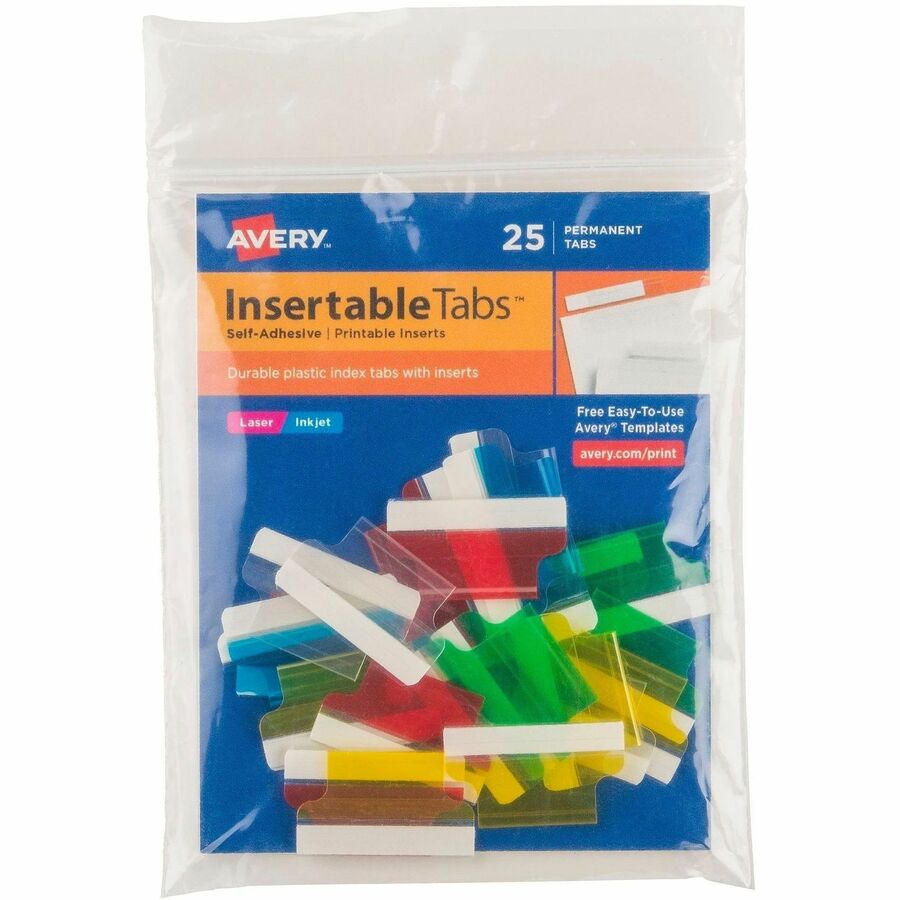 Avery®, Index Tabs with Printable Inserts - Print-on Tab(s) - 1" Tab Height - Self-adhesive, Permanent - Assorted Plastic Tab(s) - 25 / Pack