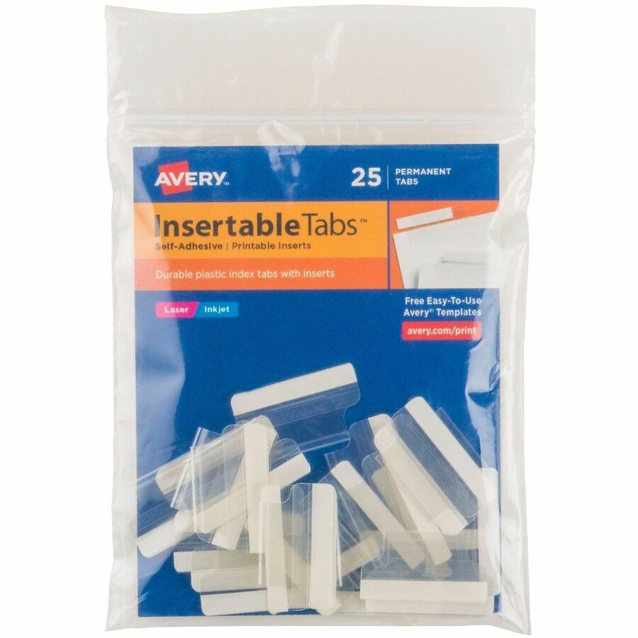 Avery®, Index Tabs with Printable Inserts - Print-on Tab(s) - 1" Tab Height - Self-adhesive, Permanent - Clear Plastic Tab(s) - 1 Pack