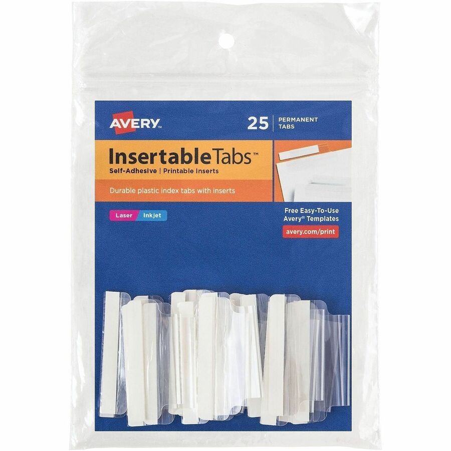Avery®, Index Tabs with Printable Inserts - Print-on Tab(s) - 2" Tab Height - Self-adhesive, Permanent - Clear Plastic Tab(s) - 25 / Pack