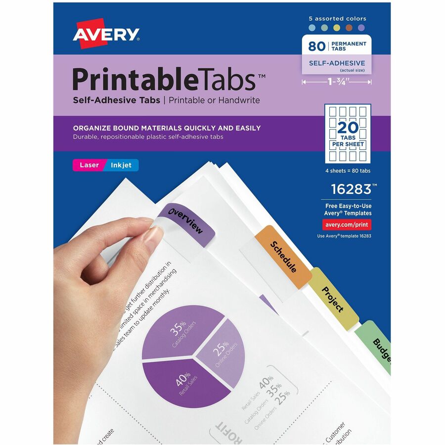 Avery®, Printable Repositionable Tabs - 80 Tab(s) - 1.75" Tab Width - Permanent - Paper Divider - Assorted Paper Tab(s) - 80 / Pack
