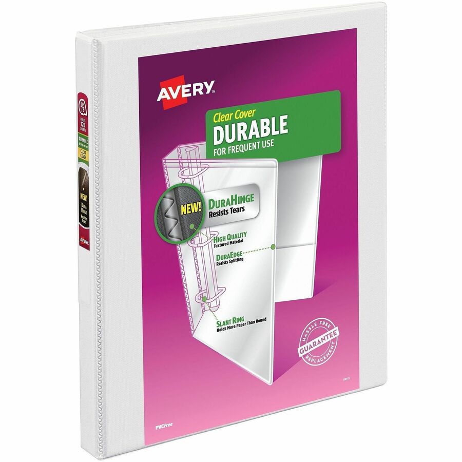 Avery Durable View 3 Ring Binder - 1/2" Binder Capacity - Letter - 8 1/2" x 11" Sheet Size - 135 Sheet Capacity - 45/64" Spine Width - 3 x 0.50" Ring - Fastener: Slant Ring - Pocket: 2, Internal - Polypropylene - White - Adhesive, Durable, Flexible, Po...