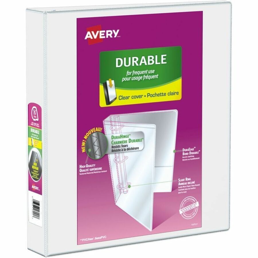Avery®, Durable View Binder - Letter - 8 1/2" x 11" Sheet Size - 375 Sheet Capacity - 1.50" Ring - Fastener: Slant D-Ring - Pocket: 2 - Linen Pattern - White - Durable, Label Holder, Pocket, Customizable Spine/Cover, Tear Resistant, Long Lasting, Te...