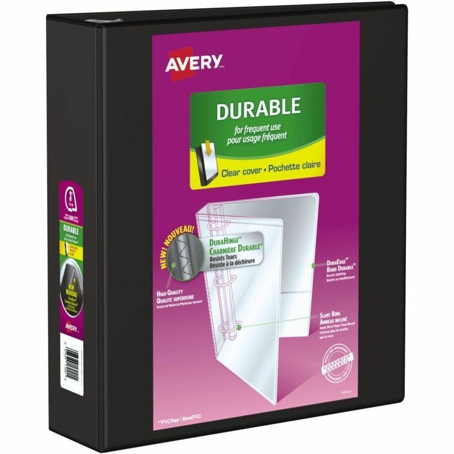Avery Durable View Binder - 3" Binder Capacity - Letter - 8 1/2" x 11" Sheet Size - 600 Sheet Capacity - 635 x 3" Ring - Fastener: Slant Ring - Pocket: 2, Internal - DuraHinge design - Polypropylene - Black - Durable, Label Holder, Smooth, Long Lasting...