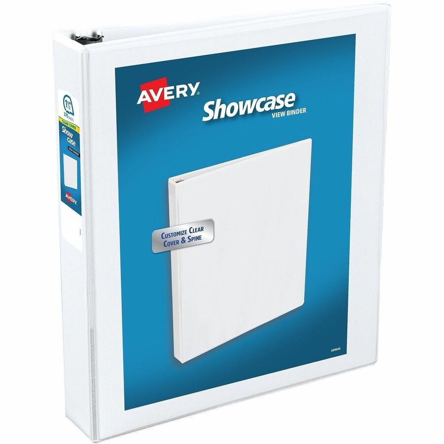 Avery®, Showcase Economy View Binder - 1 1/2" Binder Capacity - Letter - 8 1/2" x 11" Sheet Size - 275 Sheet Capacity - 3 Ring - Fastener: Round Ring - Pocket: 2, Inside Front & Back - White - Clear Overlay, Rivet, Non Locking Mechanism - 1 Each