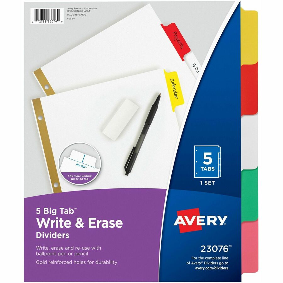 Avery®, Big Tab Write & Erase 5-Tab Dividers (23076) - 5 x Divider(s) - 5 Write-on Tab(s) - 5 - 5 Tab(s)/Set - 8.5" Divider Width x 11" Divider Length - 3 Hole Punched - White Paper Divider - Multicolor Paper Tab(s) - 20% - Hole-punched, Writable, E...