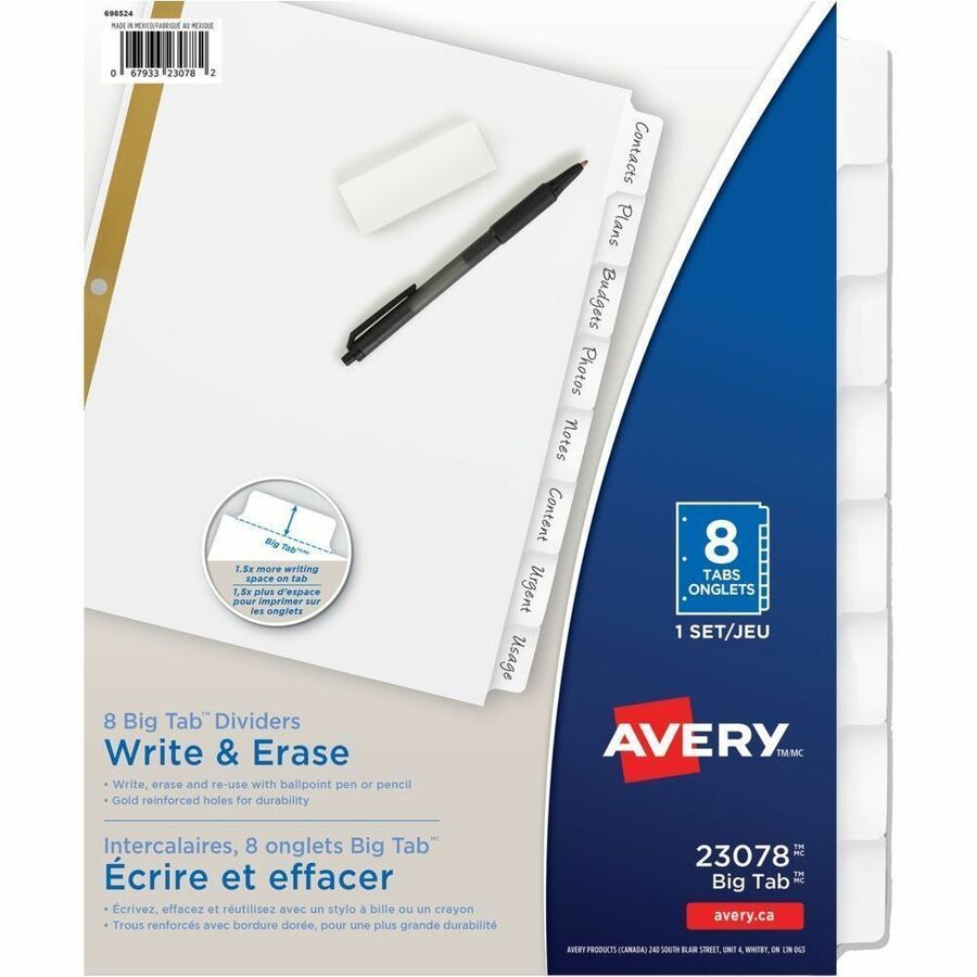 Avery Big Tab Write & Erase Dividers - 8 x Divider(s) - 8 Write-on Tab(s) - 8 - 8 Tab(s)/Set - 8.5" Divider Width x 11" Divider Length - 3 Hole Punched - White Paper Divider - White Paper Tab(s) - 0% Recycled - Writable, Erasable, Sturdy, Reusable, Gol...