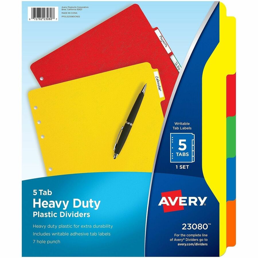 Avery®, Plastic Tab Dividers w/ White Labels - 5 x Divider(s) - 5 Tab(s) - 5 - 5 Tab(s)/Set - 8.5" Divider Width x 11" Divider Length - 7 Hole Punched - Self-adhesive - Multicolor Plastic Divider - Multicolor Plastic Tab(s) - 5 / Set