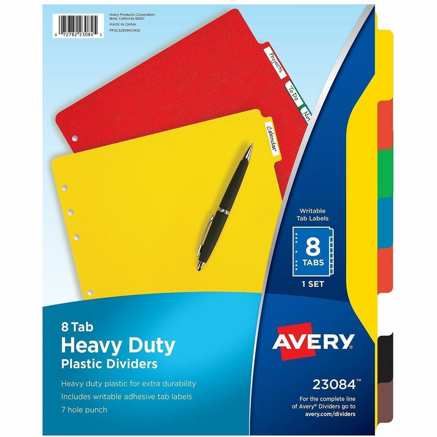 Avery®, Plastic Tab Dividers w/ White Labels - 8 x Divider(s) - 8 Tab(s) - 8 - 8 Tab(s)/Set - 8.5" Divider Width x 11" Divider Length - 7 Hole Punched - Self-adhesive - Multicolor Plastic Divider - Multicolor Plastic Tab(s) - 8 / Set