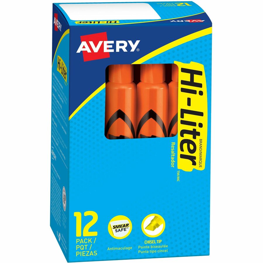 Avery®, Hi-Liter Desk-Style, Fluorescent Orange, 12 Count (24050) - Washable - Fluorescent Orange Ink - Water Based - Orange Barrel - Office, Classroom, School, Home, Planner - 12 / Dozen