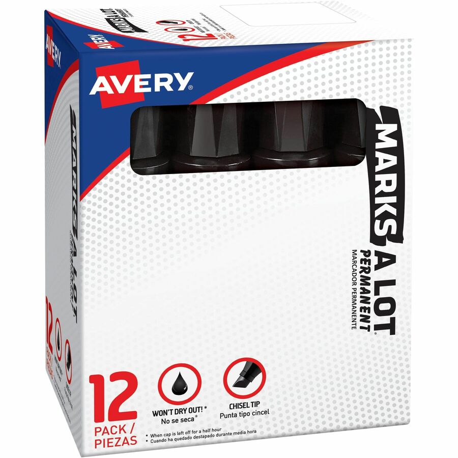 Avery®, Marks A Lot Marks A Lot Permanent Markers, Jumbo Desk-Style, 12 Black (24148) - Black Ink - Black Barrel - Metal, Plastic, Classroom, Office, Warehouse - 12