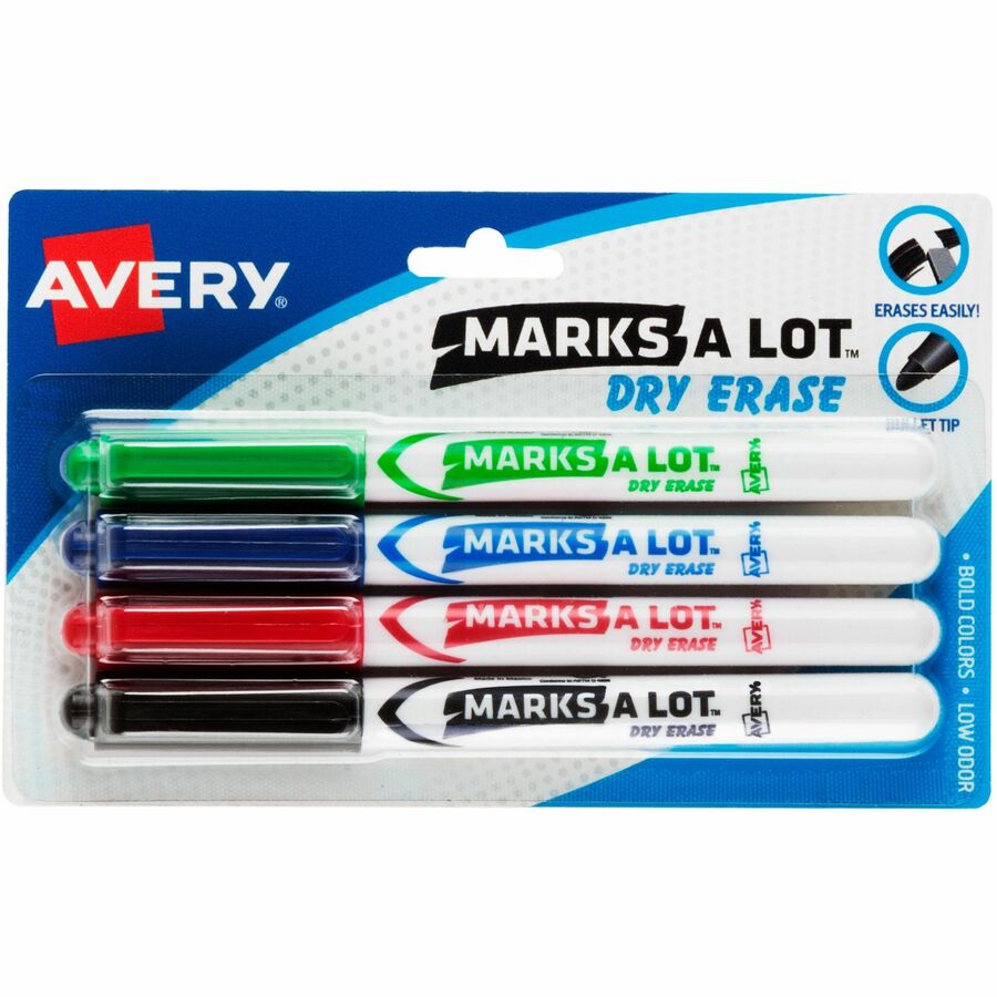Avery®, Marks A Lot Marks A Lot Dry Erase Markers, Pen-Style, 4 Assorted Markers - Erasable - Washable - Black, Red, Blue, Green Ink - Black, Red, Blue, Green, White Barrel - Planner, Office, School, Home - 4 / Pack
