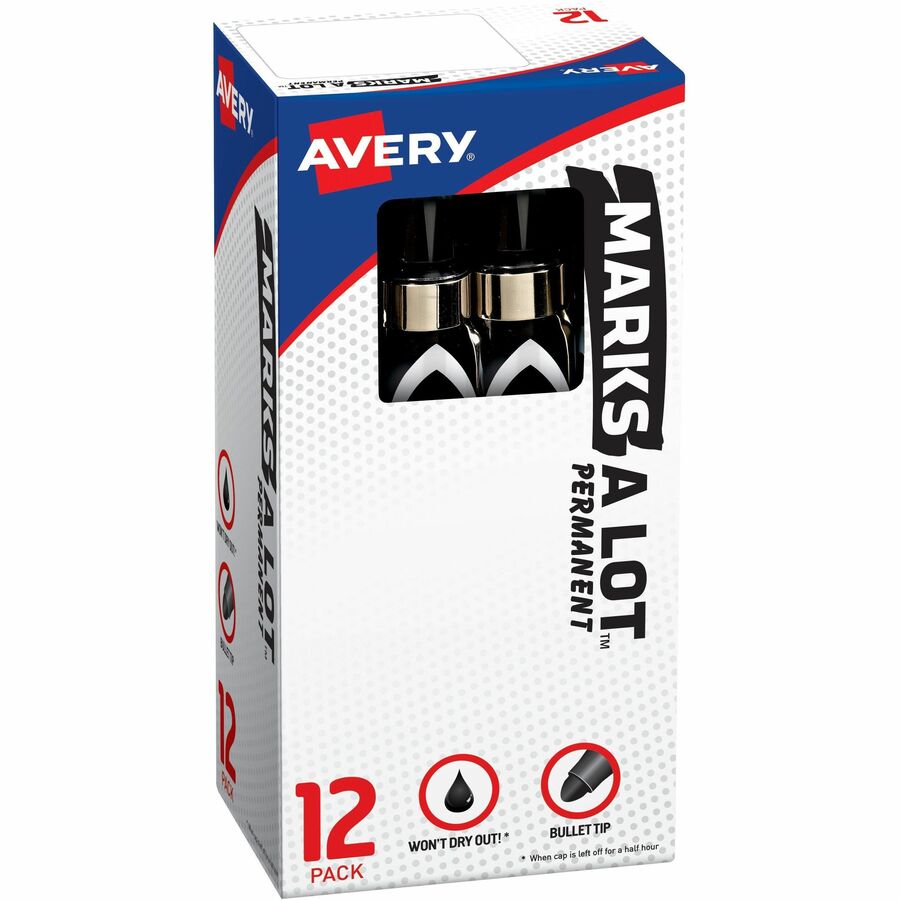 Avery®, Marks A Lot Marks-A-Lot Desk-Style Permanent Markers - Bullet Marker Point - Black Ink - Black Barrel - Metal, Plastic, Classroom, Warehouse - 12