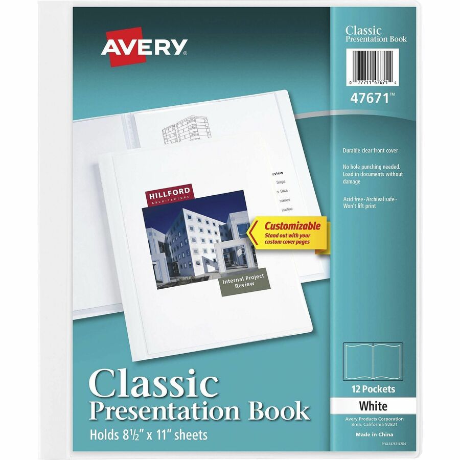 Avery®, White Presentation Book - Letter - 8 1/2" x 11" Sheet Size - 24 Sheet Capacity - Pocket: Internal - Polypropylene - White - Non-stick, Spill-free, Durable - 1 Each