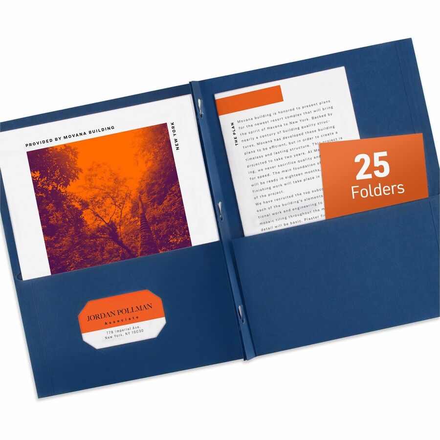 Avery®, Letter Report Cover - 8 1/2" x 11" - 70 Sheets Capacity - 3 x 3-prong Fastener - 1/2" for Folder - 2 Internal Pocket - Paper - Dark Blue - Die-cut, Punched, Sturdy, Scuff Resistant, Label - 0% Recycled - 25 / Box