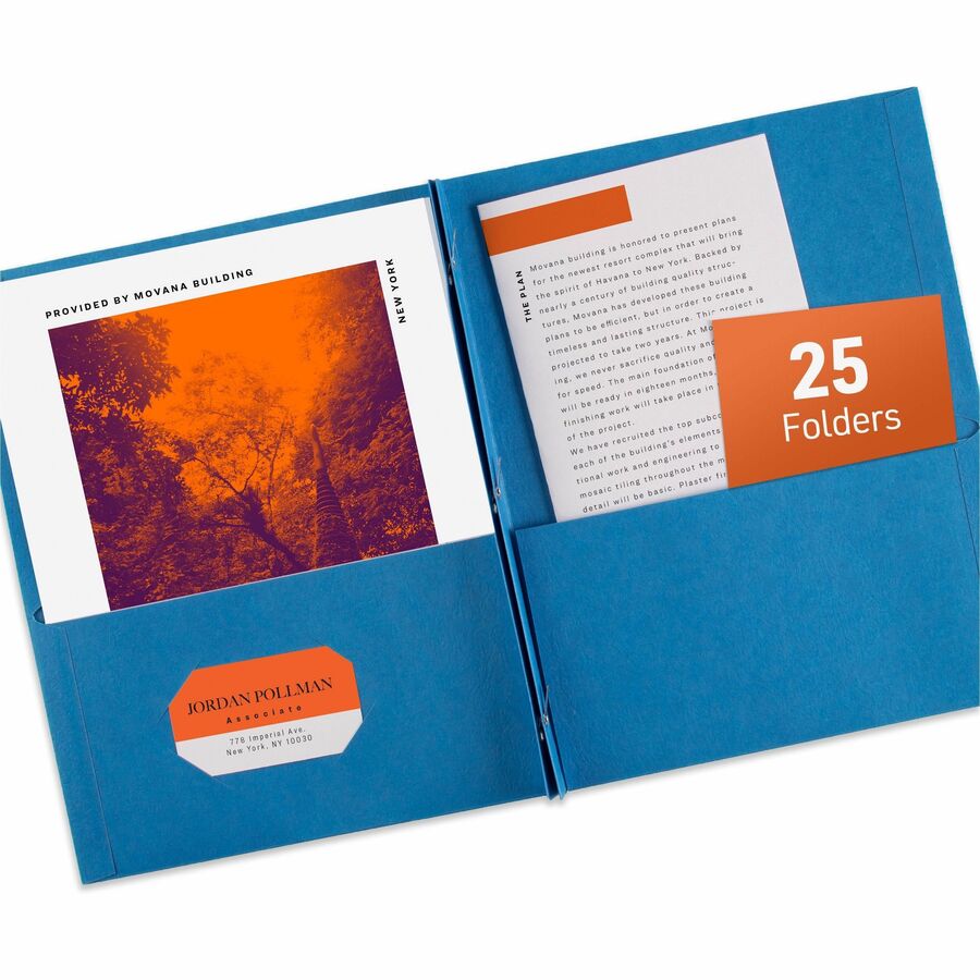 Avery®, Letter Report Cover - 8 1/2" x 11" - 70 Sheets Capacity - 3 x 3-prong Fastener - 1/2" for Folder - 2 Internal Pocket - Paper - Light Blue - Die-cut, Sturdy, Clear Front, Scuff Resistant, Punched, Textured, Pocket, Label - 0% Recycled - 25 / Box