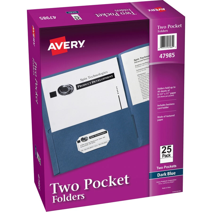 Avery®, Letter Pocket Folder - 8 1/2" x 11" - 40 Sheets Capacity - 2 Internal Pocket - Paper - Dark Blue - 0% Recycled - 25 / Box