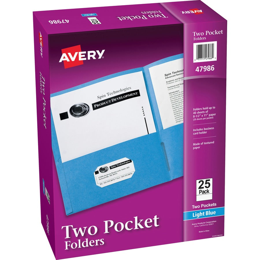 Avery®, Letter Pocket Folder - 8 1/2" x 11" - 40 Sheets Capacity - 2 Internal Pocket - Paper - Light Blue - 0% Recycled - 25 / Box