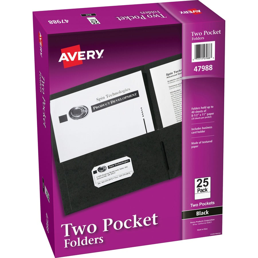 Avery®, Letter Pocket Folder - 8 1/2" x 11" - 40 Sheets Capacity - 2 Internal Pocket - Paper - Black - 0% Recycled - 25 / Box